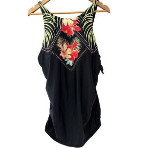 Cacique Swim Plus Non Wire Floral‎ Beaded Tankini Top Black Size 24